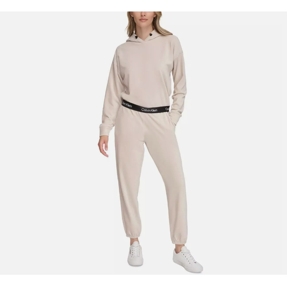 Calvin Klein Womens Beige Corduroy Long Sleeves Logo Hoodie Top L 12836